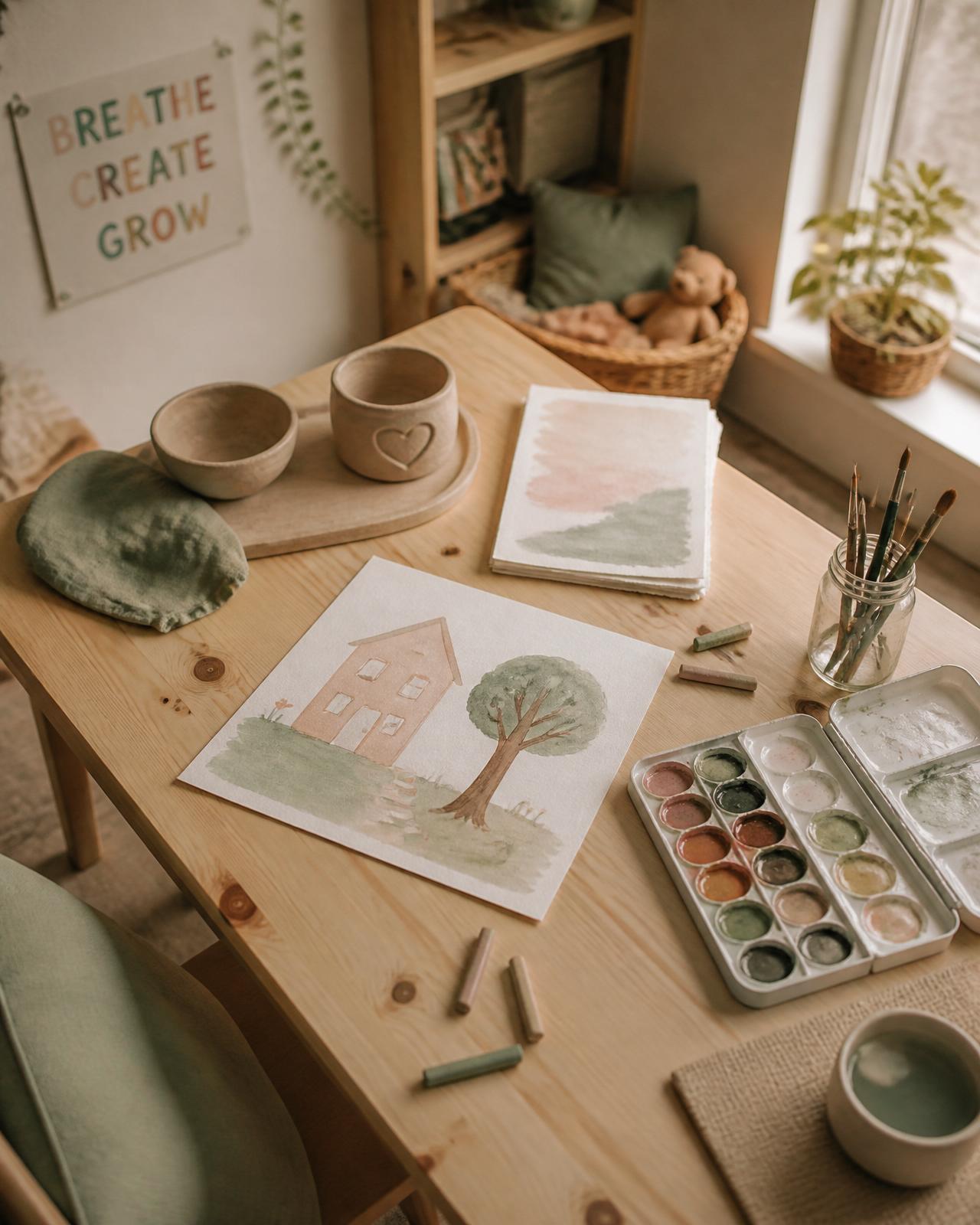 A calm art therapy studio with brushes, watercolours and dried flowers